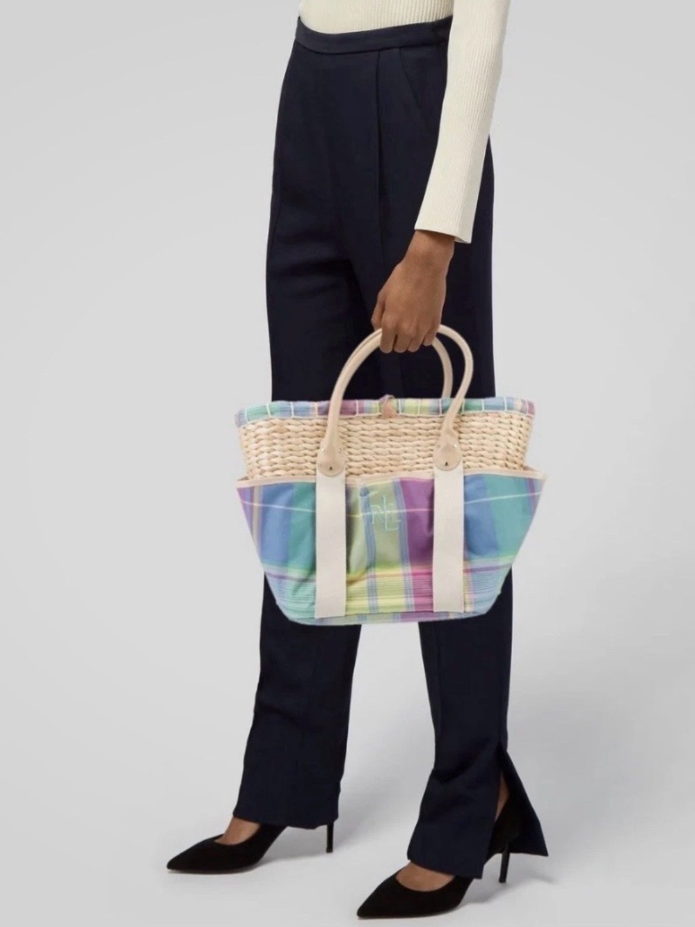 Ralph Lauren Woven Plaid Pastel Fabric Detail Large Basket Tote 16 X 12 X 6